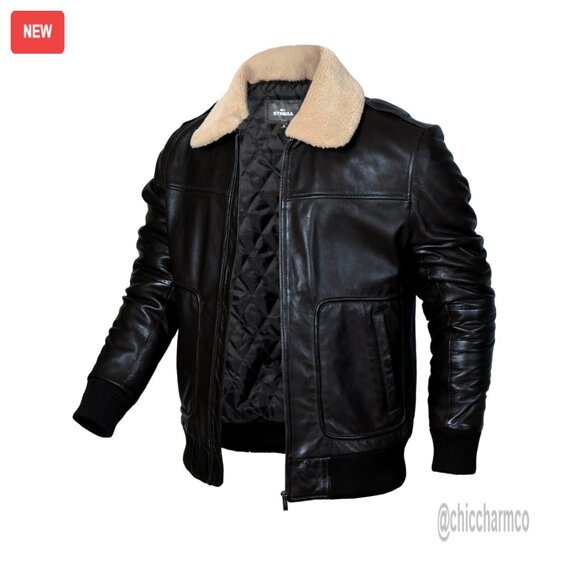 Lambskin Leather Bomber Jacket Removable Sherpa Collar Classic Aviator Style